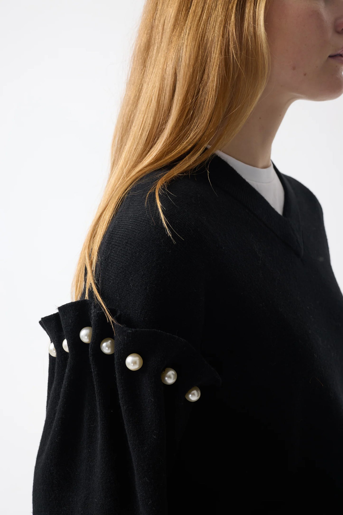 Tallie black jumper V-neck jumper with pearl shoulder - Hearth Co
