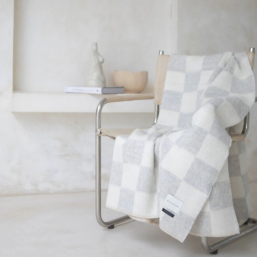 BLACKSAW Crosby Heirloom Blanket - Zero Dye - Light Heather and Ivory Check - Hearth Co