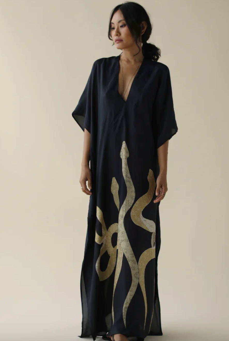 Hand-illustrated Rise Silk Kaftan