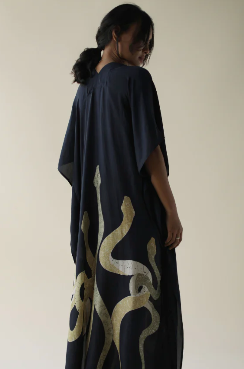 Hand-illustrated Rise Silk Kaftan