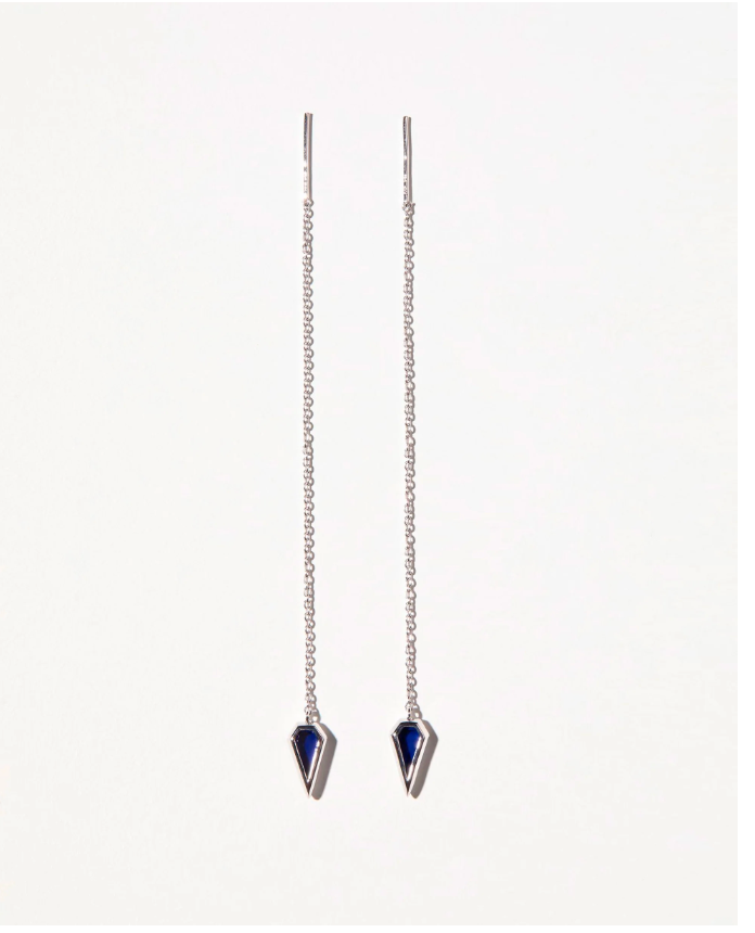 Spear Gem Thread Earrings - Silver & Blue Sapphire
