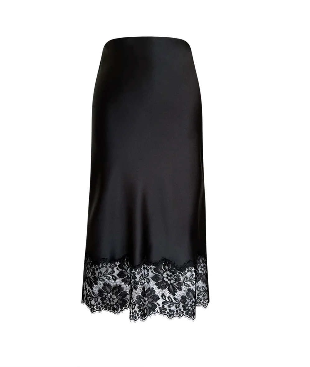 Natalie Begg Black silk midi skirt with French lace