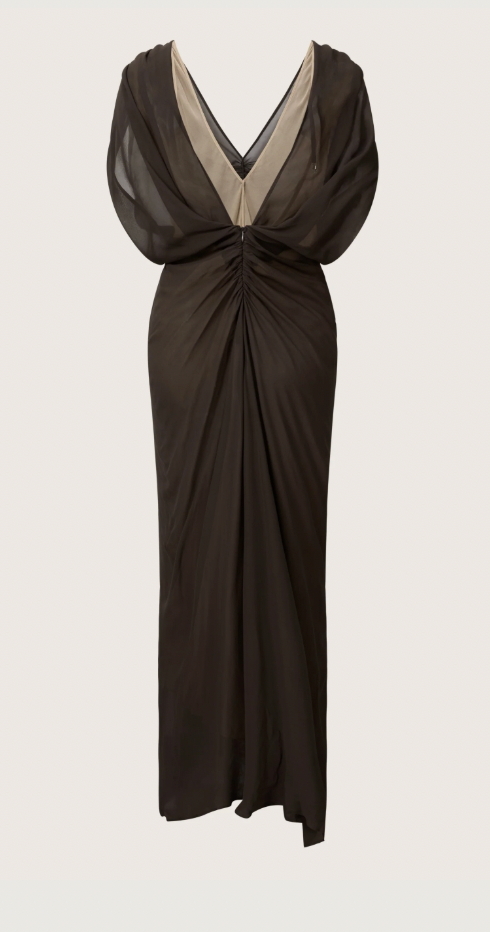 Helene Ruched V Neck Gown - Dark Brown