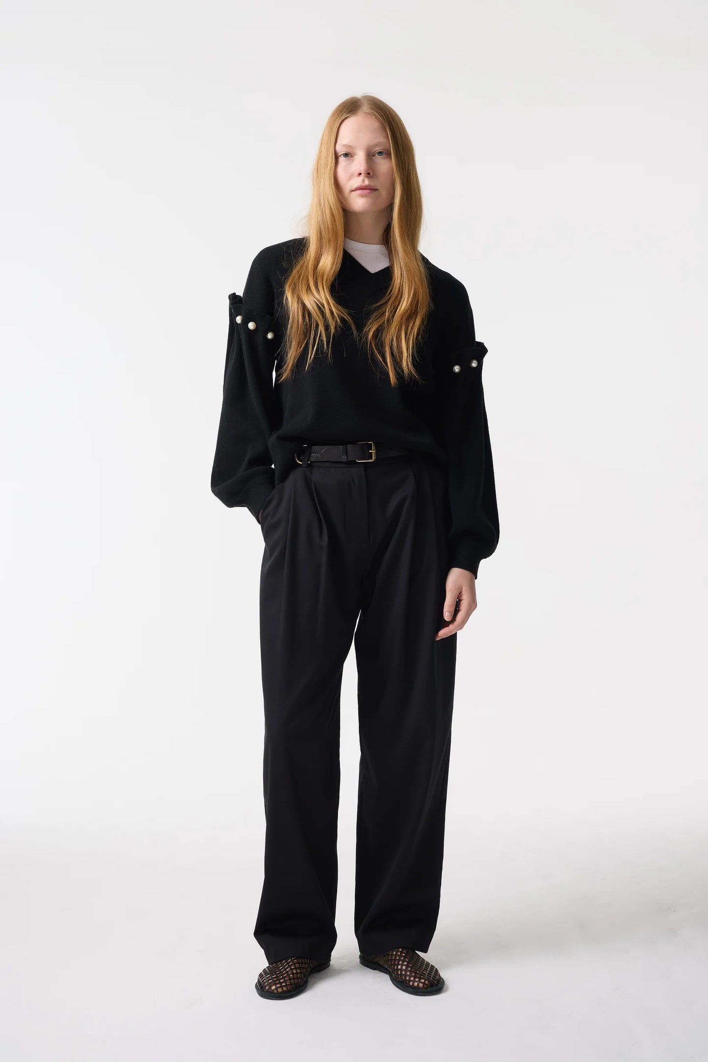 Tallie black jumper V-neck jumper with pearl shoulder - Hearth Co