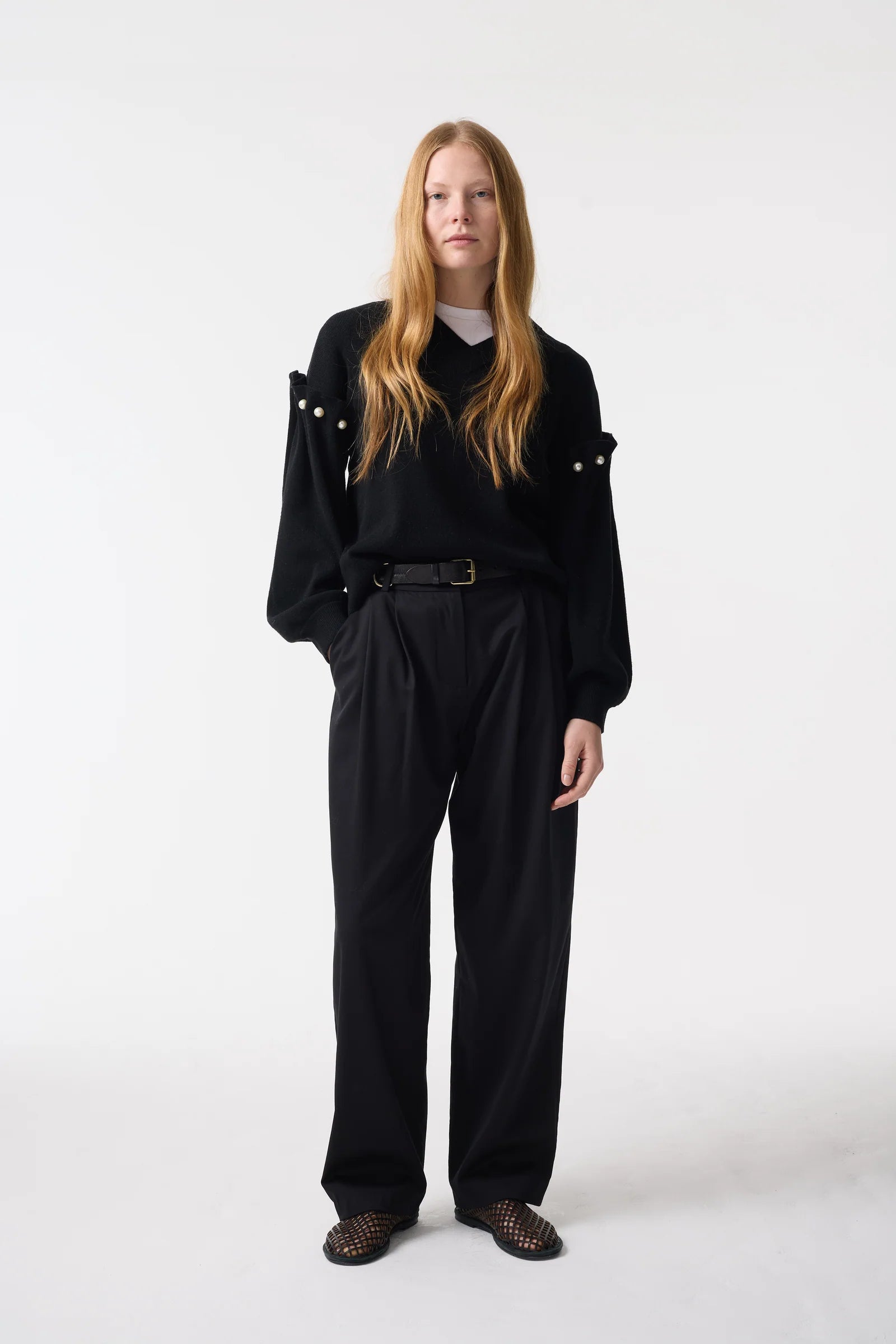 Tallie black jumper V-neck jumper with pearl shoulder - Hearth Co