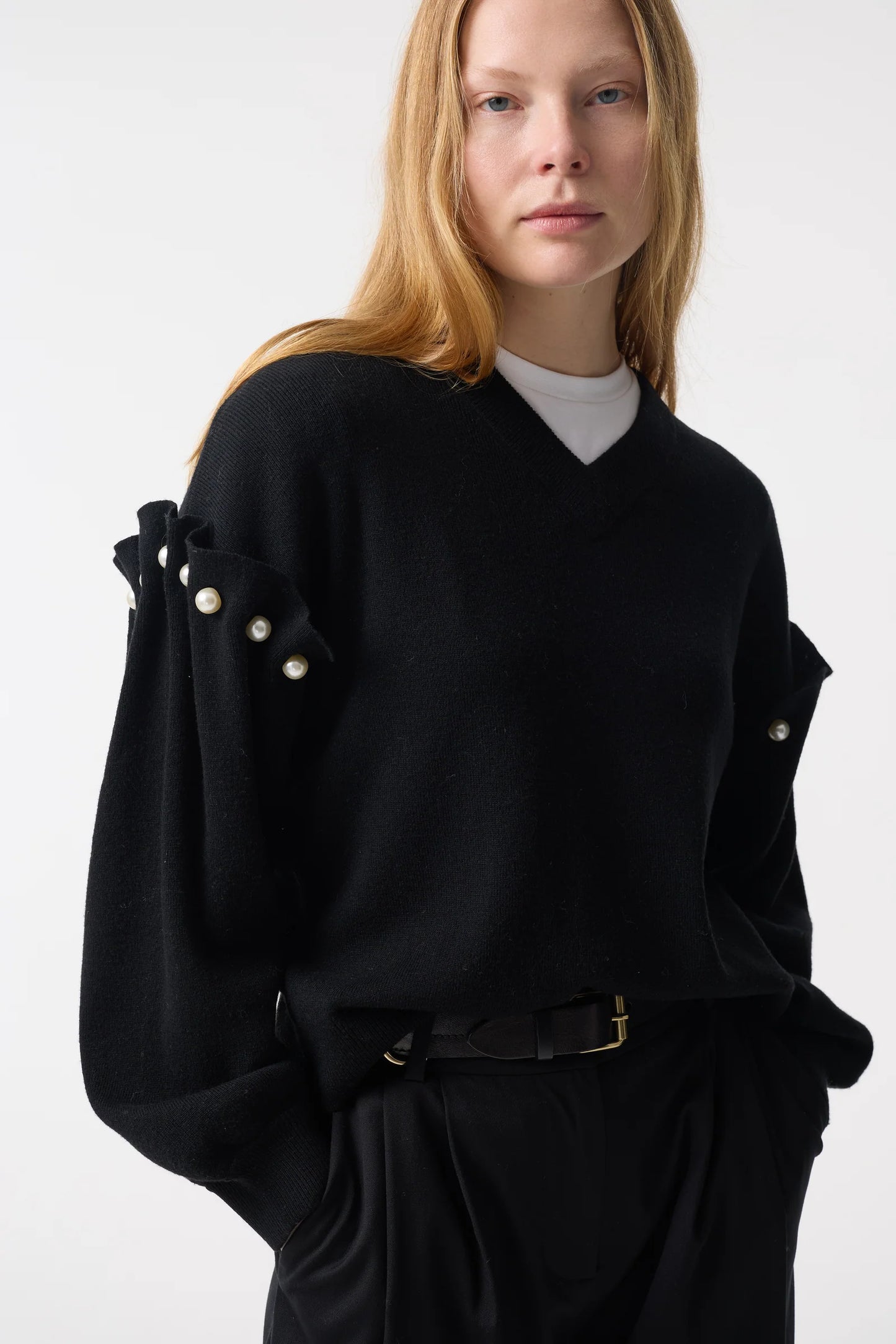 Tallie black jumper V-neck jumper with pearl shoulder - Hearth Co