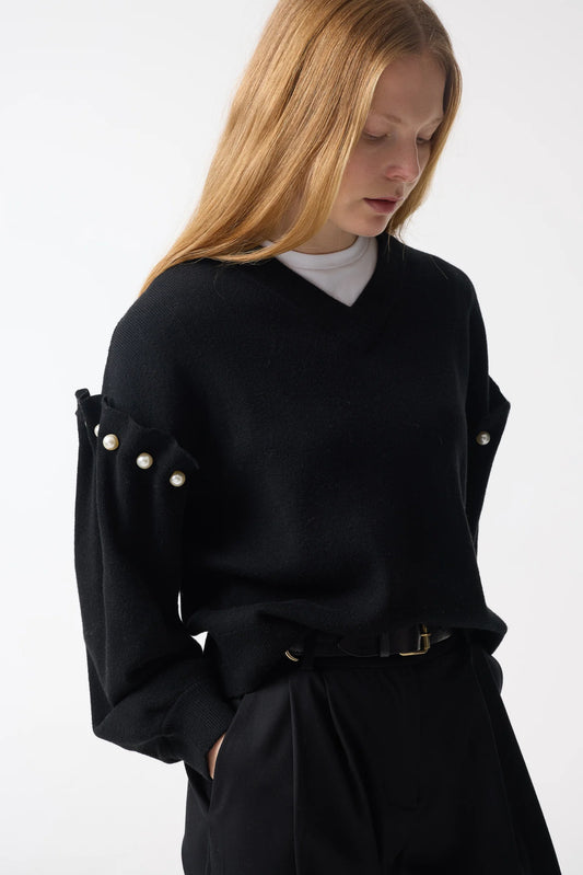 Tallie black jumper V-neck jumper with pearl shoulder - Hearth Co