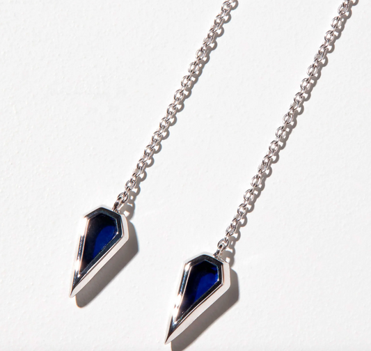 Spear Gem Thread Earrings - Silver & Blue Sapphire