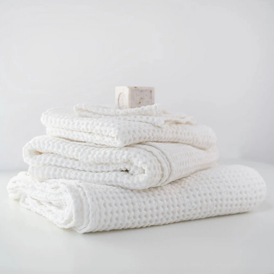 White Linen & Cotton Honeycomb waffle towels - set of 3