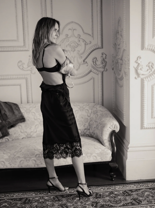 Natalie Begg Black silk midi skirt with French lace