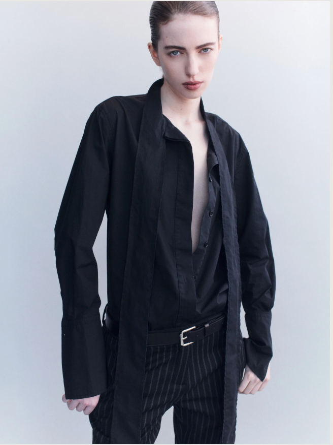 Linae Raw Edge Poplin Tie Shirt - Black - Hearth Co
