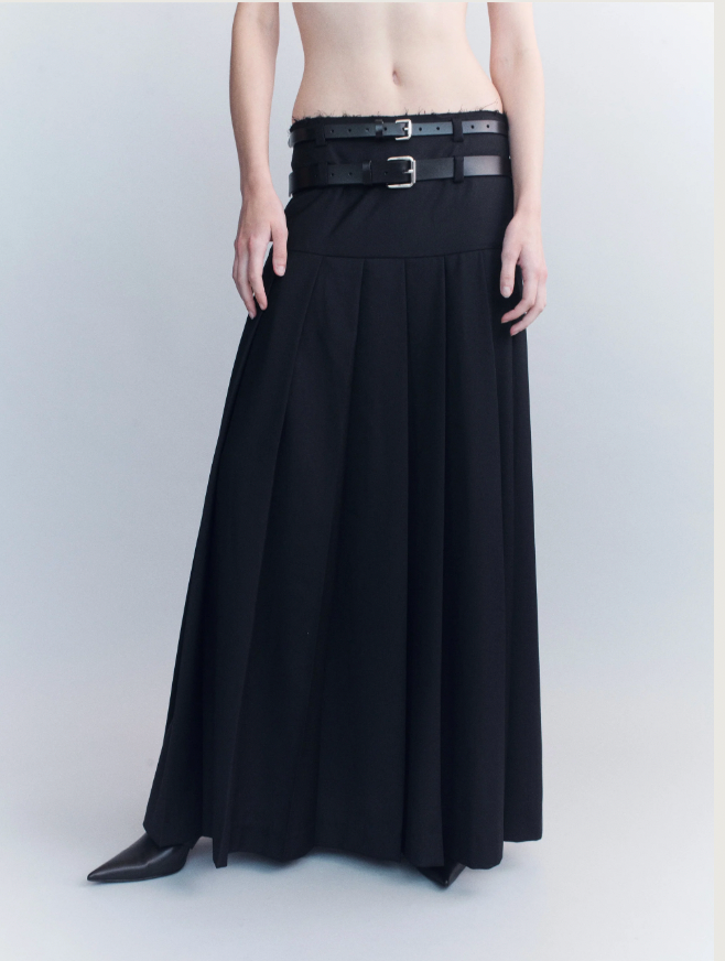 Hedi Double Belted Raw Edge Wool Maxi Skirt