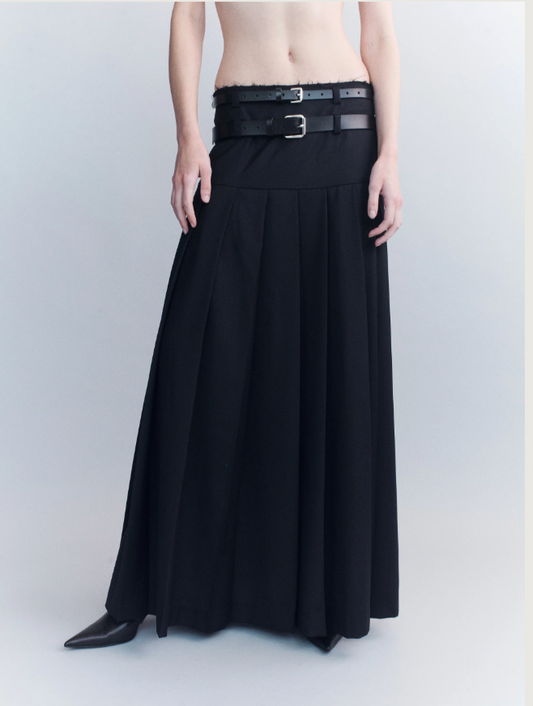 Hedi Double Belted Raw Edge Wool Maxi Skirt