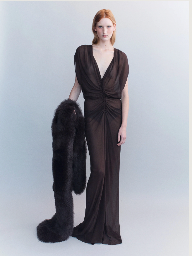 Helene Ruched V Neck Gown - Dark Brown