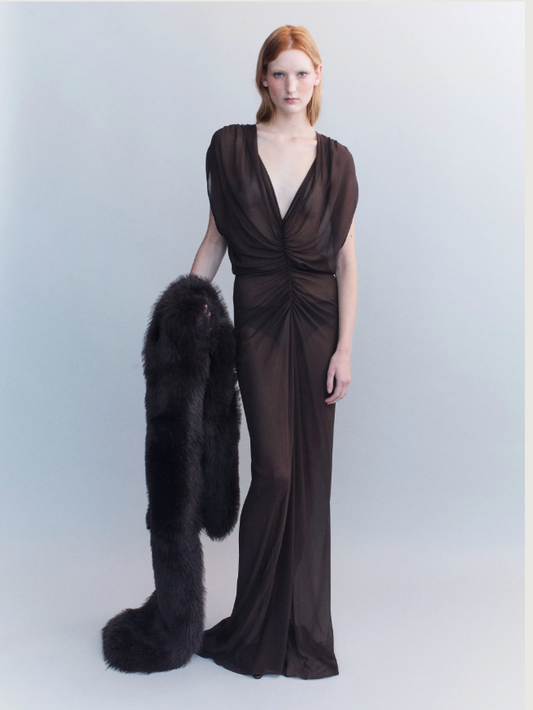 Helene Ruched V Neck Gown - Dark Brown
