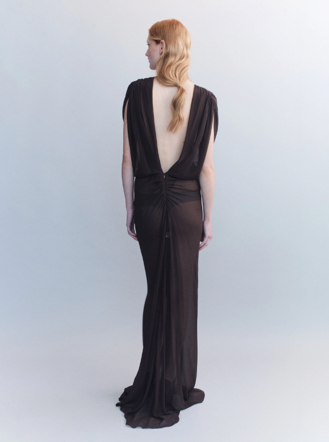 Helene Ruched V Neck Gown - Dark Brown