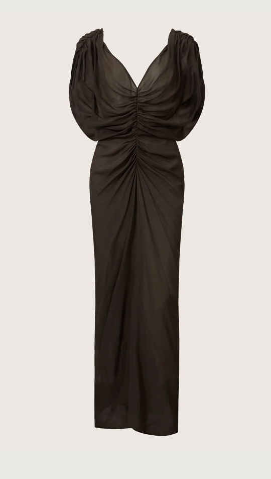 Helene Ruched V Neck Gown - Dark Brown