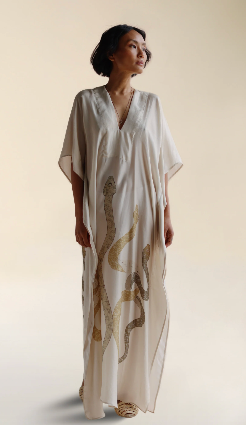 Hand-illustrated Rise Silk Kaftan - Hearth Co