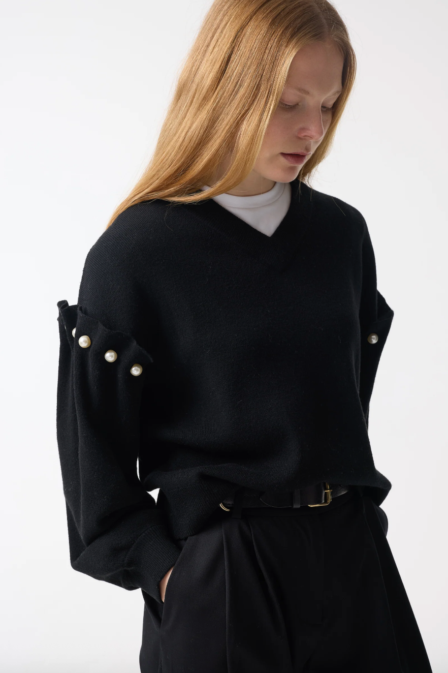 Tallie black jumper V-neck jumper with pearl shoulder - Hearth Co
