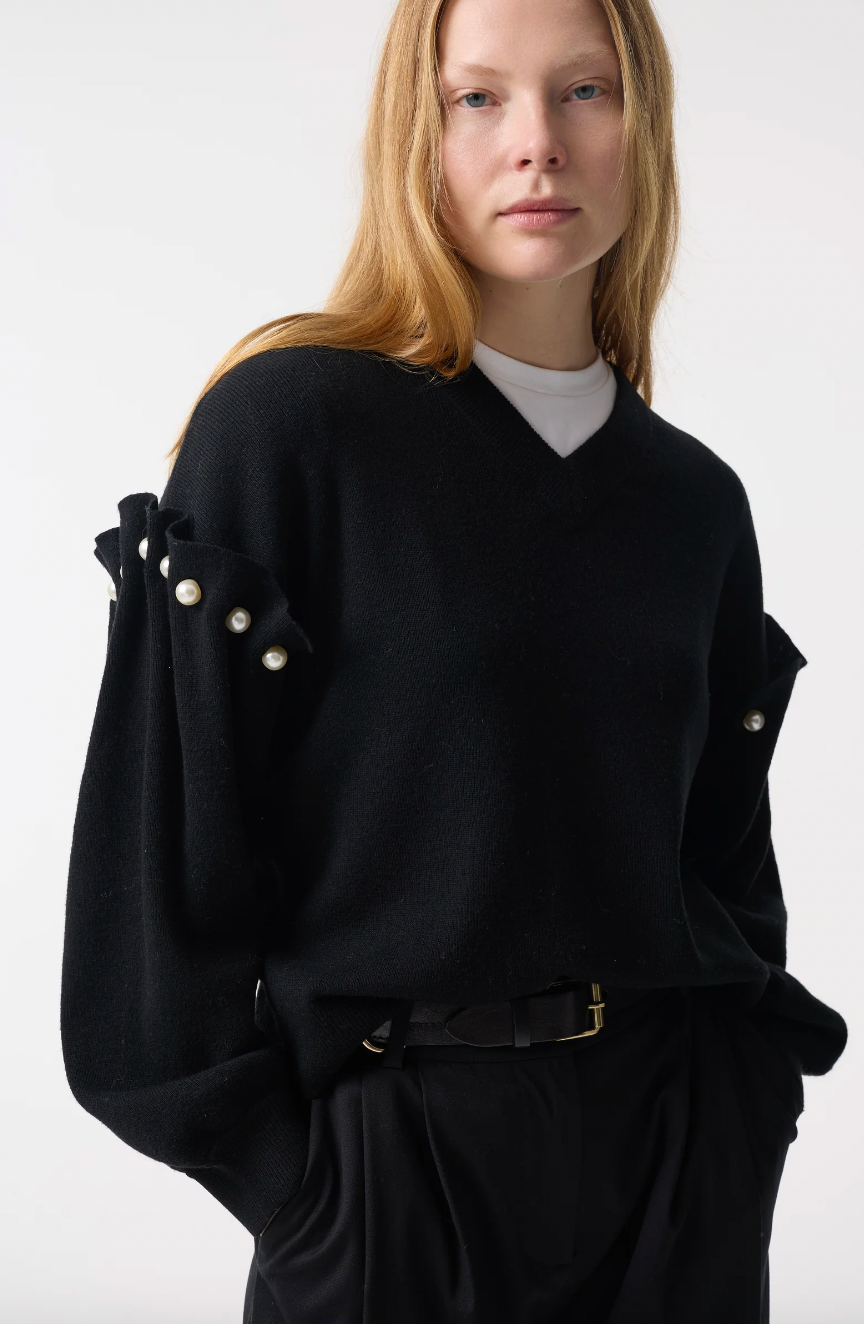 Tallie black jumper V-neck jumper with pearl shoulder - Hearth Co