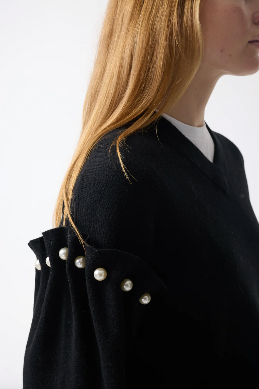 Tallie black jumper V-neck jumper with pearl shoulder - Hearth Co