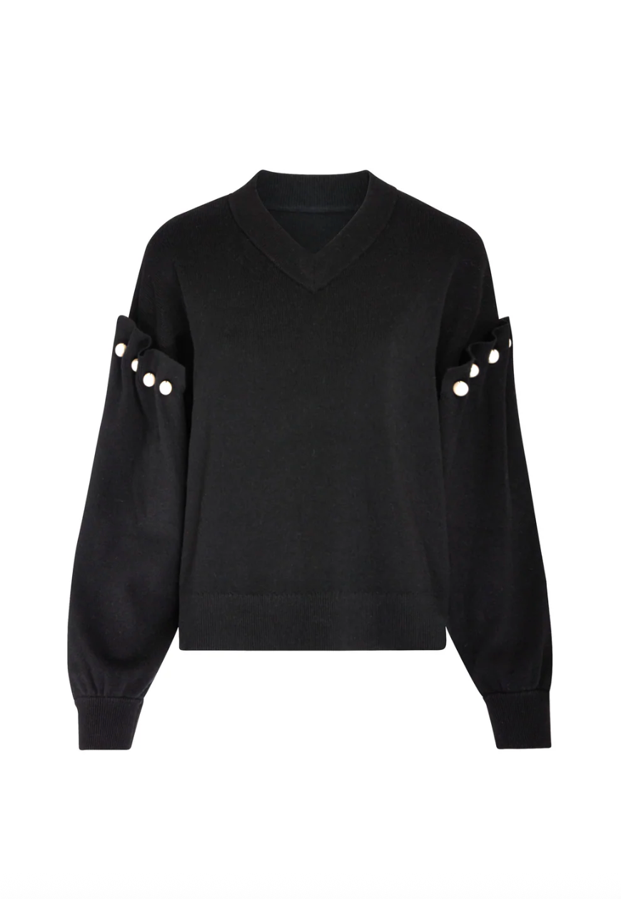 Tallie black jumper V-neck jumper with pearl shoulder - Hearth Co