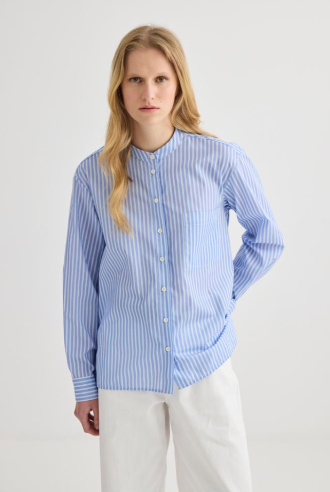 Laing Striped Collarless Shirt - Oxford Blue - Hearth Co