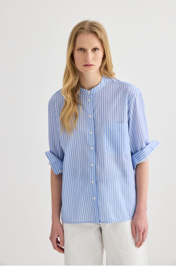 Laing Striped Collarless Shirt - Oxford Blue - Hearth Co