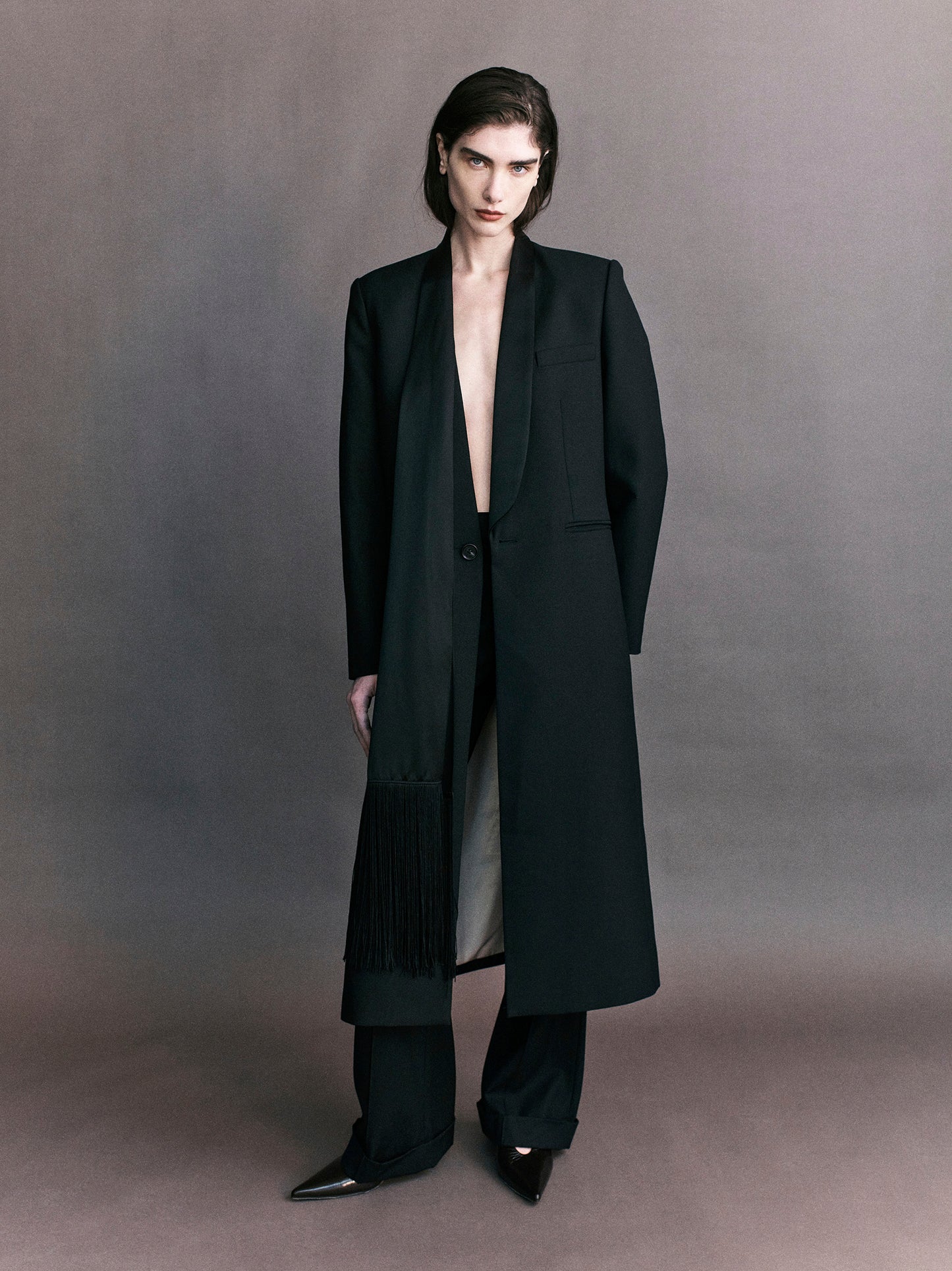 Valentin Satin Scarf Wool Tuxedo Coat